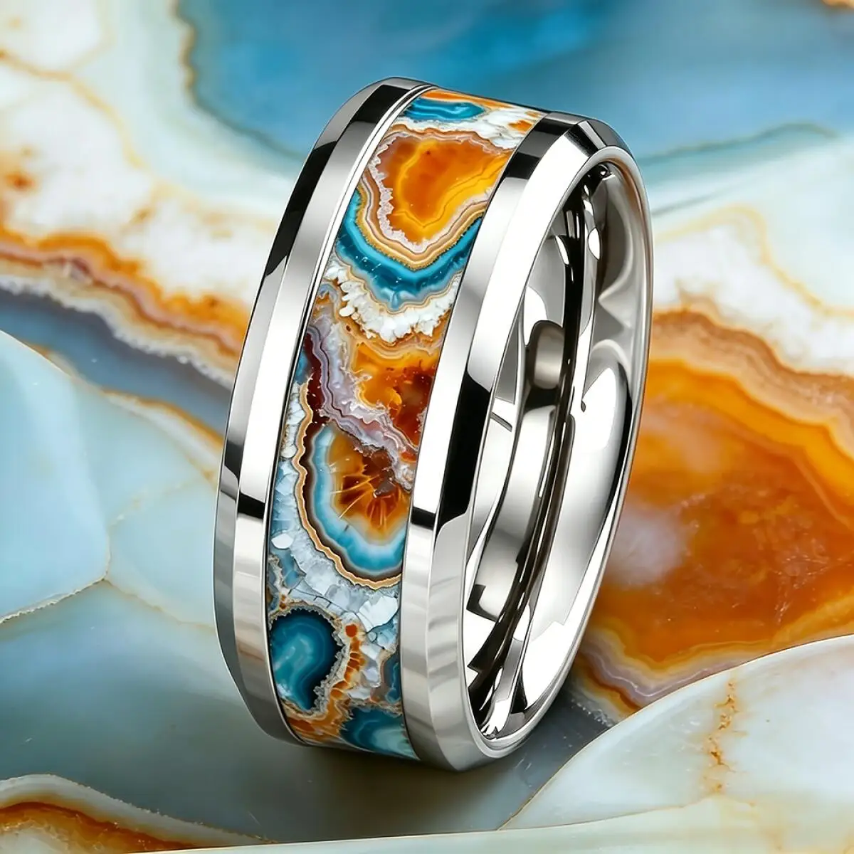 Luxury 8mm Stainless Steel Ring WIth Multicolor Abalone Shell Inlay Rings For Men Women Daily Accessory For Wedding Band Jewelry