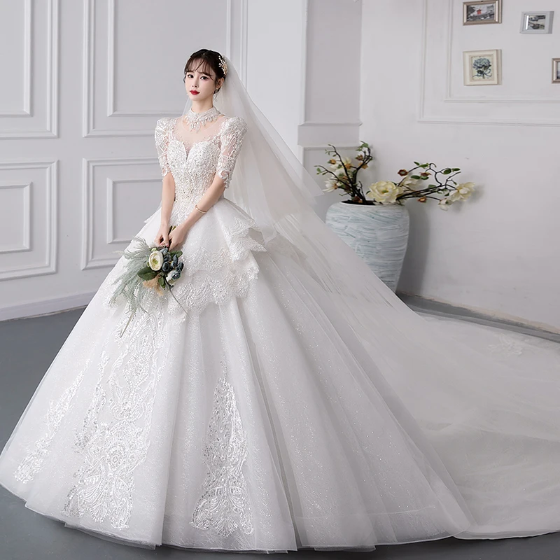 2024 ใหม่หรูหราชุดแต่งงานแขนสั้นลูกไม้ Applique ชุดเจ้าสาวชุดบอล Vestido De Noiva PLUS ขนาดที่กําหนดเอง