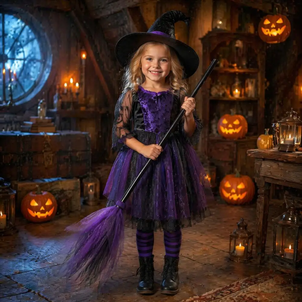 Broomstick Halloween Witch Broom Prop with Detachable Mesh Crooked Ruched Hat Costume Haunted House Decoration Party for Kids