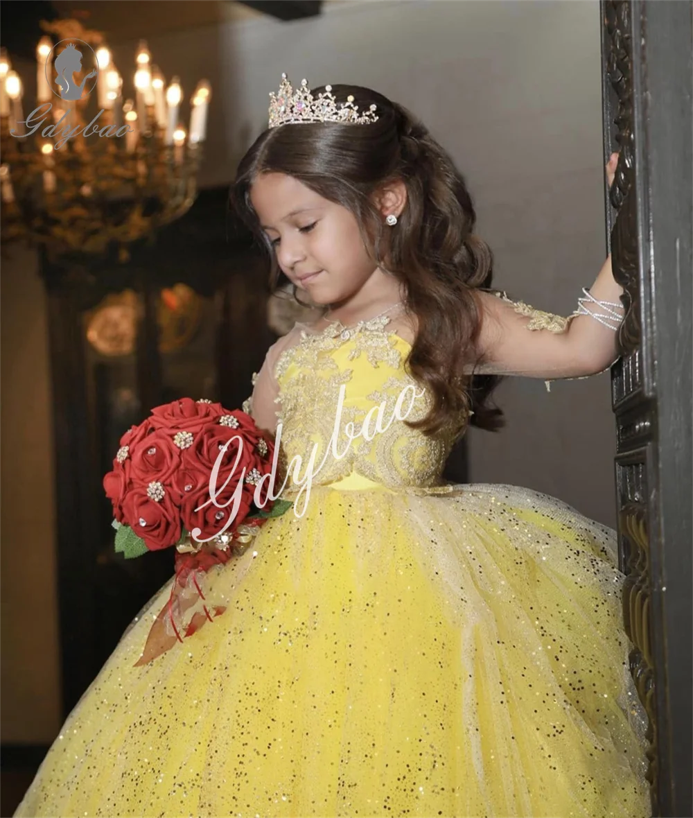 Yellow Girls Princess Dress 2025 Tulle Fluffy Flower Girl Dresses Lace Sparkling Communion Pageant Dress Custom Made Party Gown