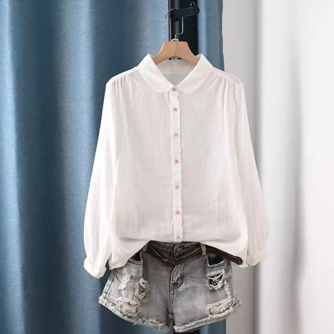 Mori kei clothing Japanese style peter pan collar white blue solid shirts and blouses 100% cotton yarn soft breathable tops