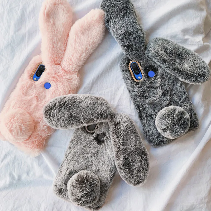 Fluffy Rabbit Fur Silicone Plush cover For Xiaomi Redmi Note 11 Note 10 Pro Redmi note 9S 8 7 6 5 Pro Note 4X  Redmi 9T 10X Case