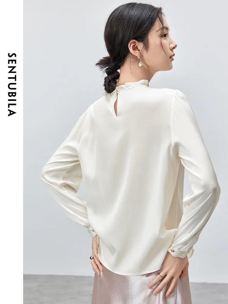 SENTUBILA Folds Satin Detail Blouse for Women 2024 Autumn Chiffon Elegant Ruffled Long Sleeve Pullover Women Tops 143V55694