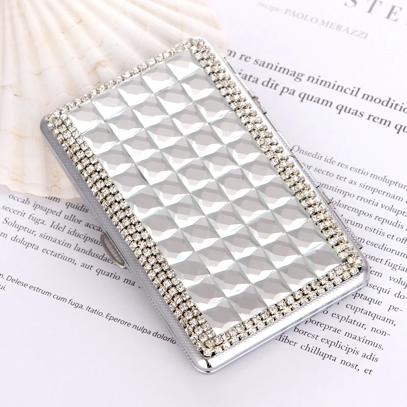 Handmade Bling Rhinestone Slim Cigarette Case Stainless Steel Portable Diamond Smoking Storage Box Organizer Holder for Women