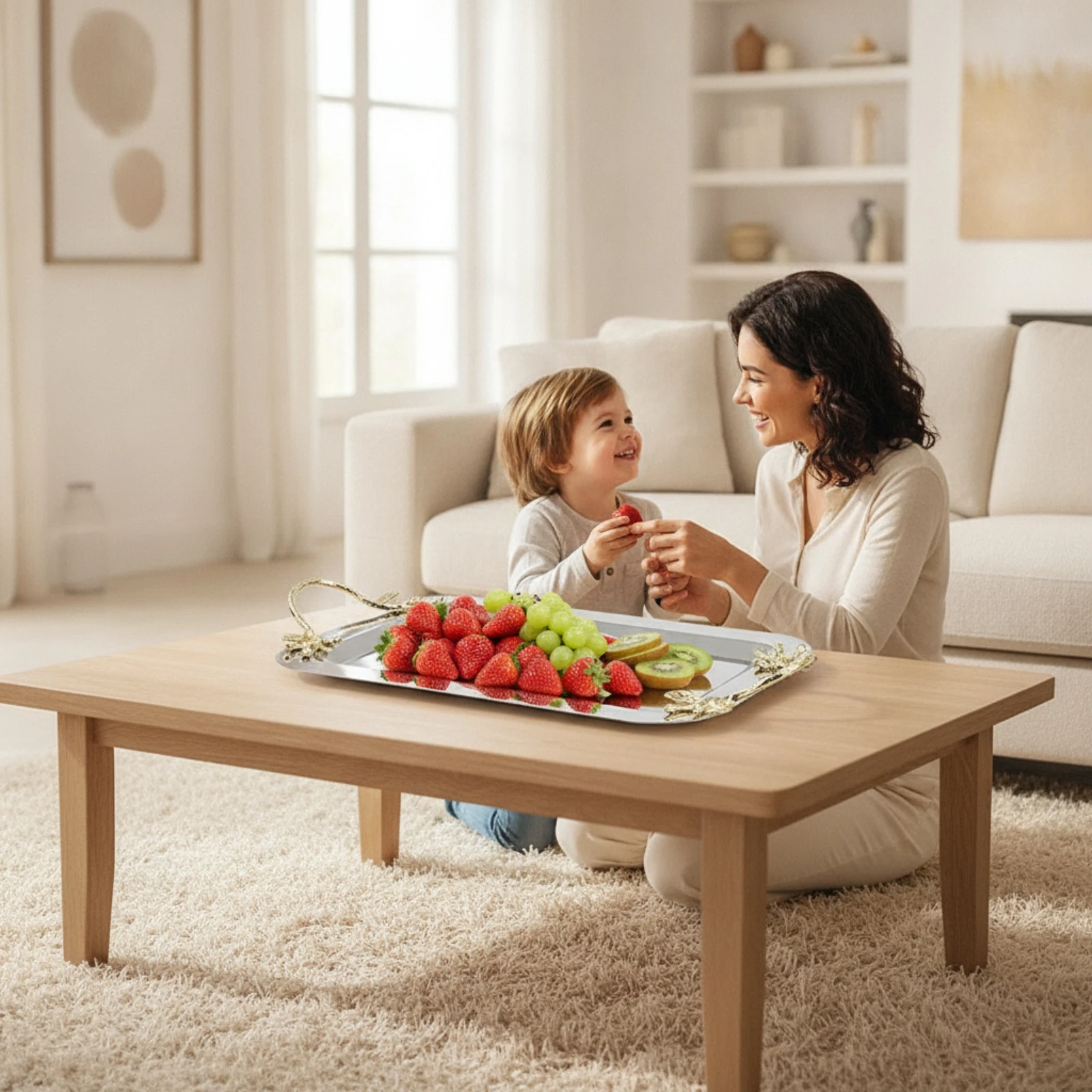 Gold-tone Branch Handle Metal Serving Platter Elegant Rectangular Tray with Raised Rim for Living Room or Kitchen