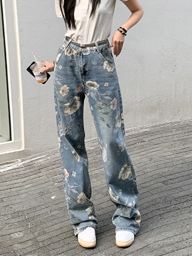 

GUUZYUVIZ Vintage Women Jeans Summer High Waisted Floral Print Baggy Jeans Women Streetwear Casual Loose Denim Full Length Pants