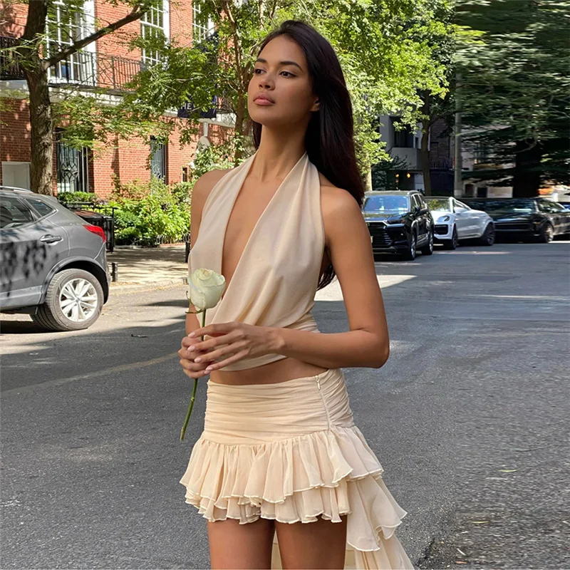 Sexy Halter Neck Two Piece Set Women Backless Sleeveless Top Ruffle Mesh Long Skirt Suits 2026 Summer Casual Vacation Outfits