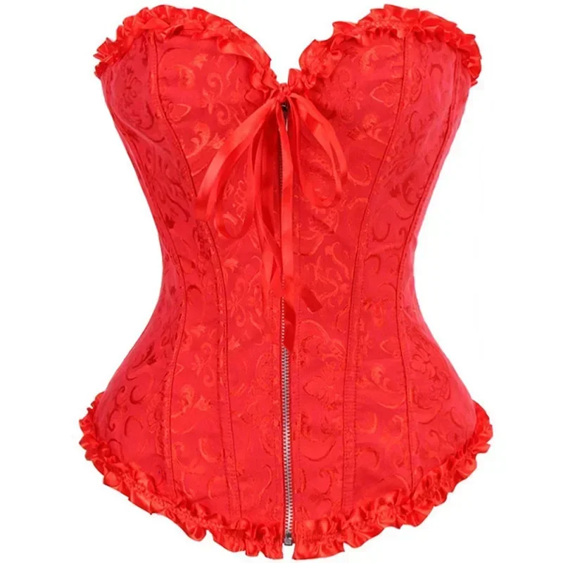 Plus Size Women Corset Top Bustier Overbust Sexy Lace up Zipper Floral Lingerie Vintage Victorian Fashion Black Red