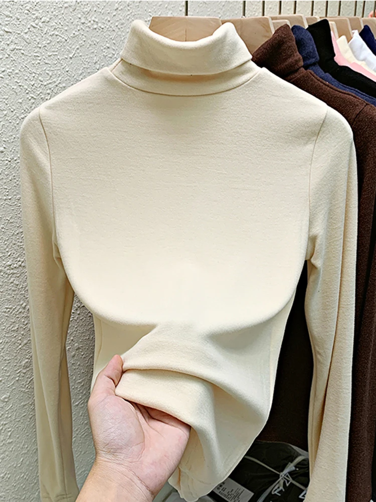 

2025 New Slim Turtleneck T-shirts Women Cotton Long Sleeve Autumn Winter Soft Warm Tops Tee Shirt Femme Casual Top