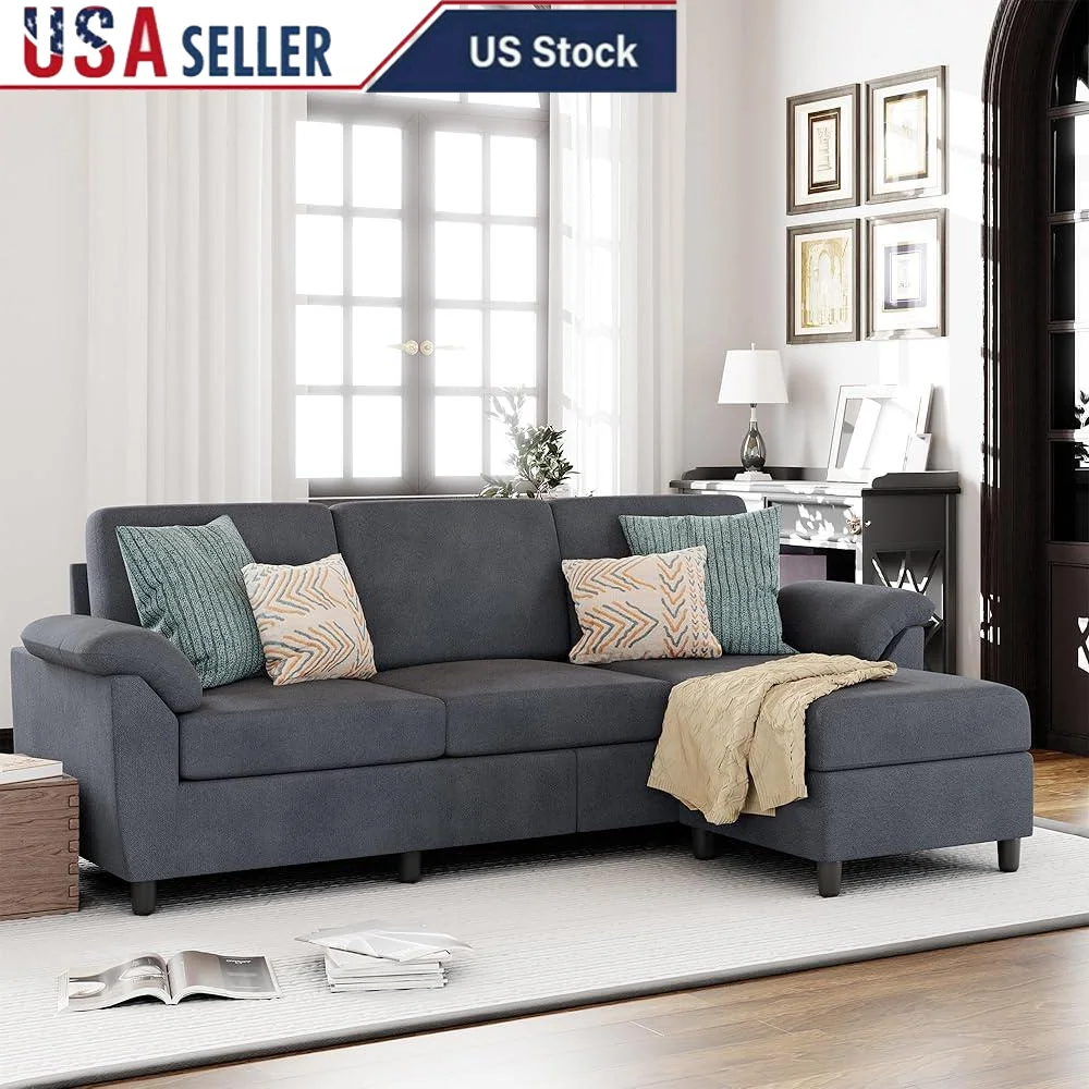 Convertible Sectional Sofa Couch L Shaped 3 Seat Small Space with Removable Pillows Linen Fabric Easy Assembly Living Room