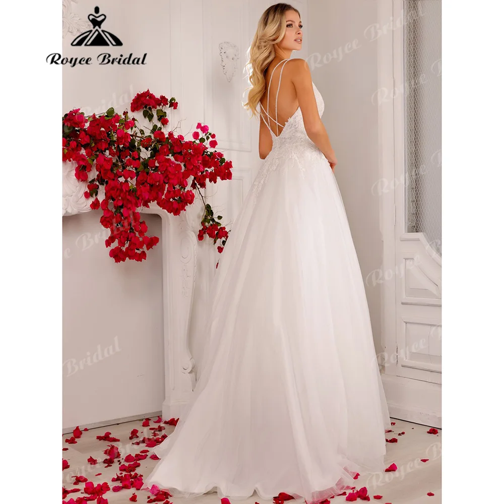 A Line Wedding Dress Deep V Neck Boned Corset Bodice Sparkle Floral Lace Tulle Criss‑Cross Straps Back Vestido De Novia Customiz