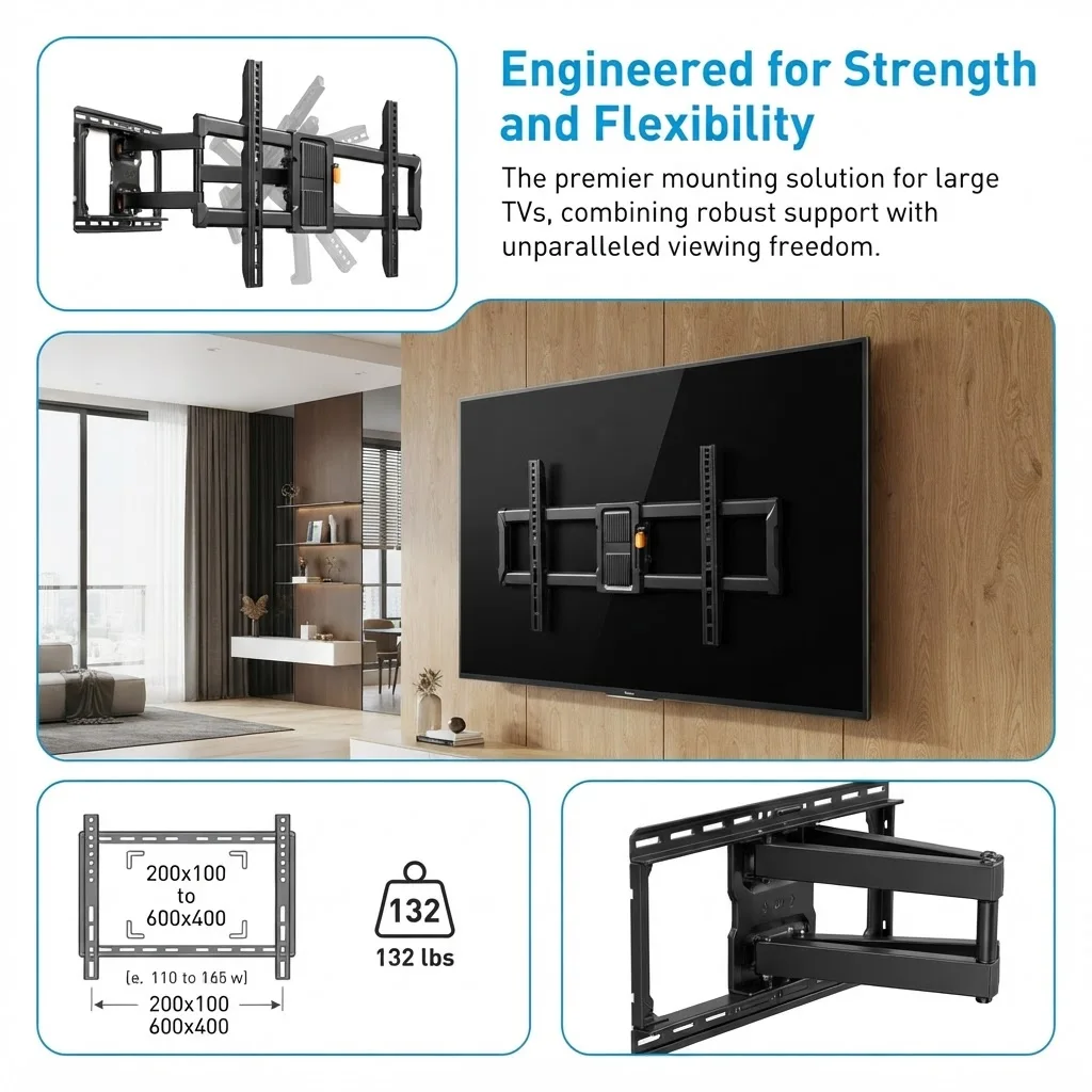 TV Wall Mount Full Motion for 42–97 inch TVs up to 132 lbs | UL-Listed TV Mount Bracket with Tool-Free Tilt, Swivel, Extension, 12″/16″ Wood Studs, Max VESA 600 X 400mm