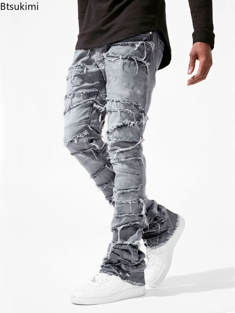 New Men's Patchwork Denim Pants Stacked Jeans Ripped Washed Frayed Pants Vintage Street Style Slim Fit Straight Trousers for Men