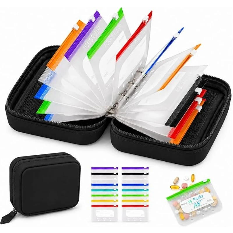 Pill Organizer Binder Set Color Coded Pill Pouches BPA-Free Waterproof Storage Case Weekly Travel Vitamin Holder