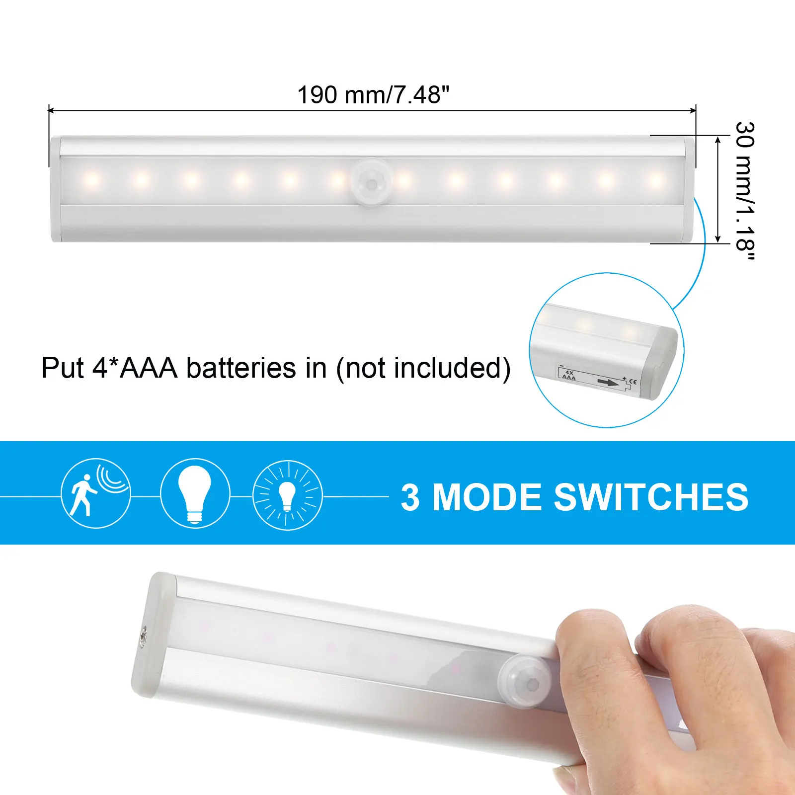 1/3Pcs Motion Sensor Night Lights Indoor LED Stair Lights Battery Operated Under Counter Light Strips for Closet Kitchen Bedroom