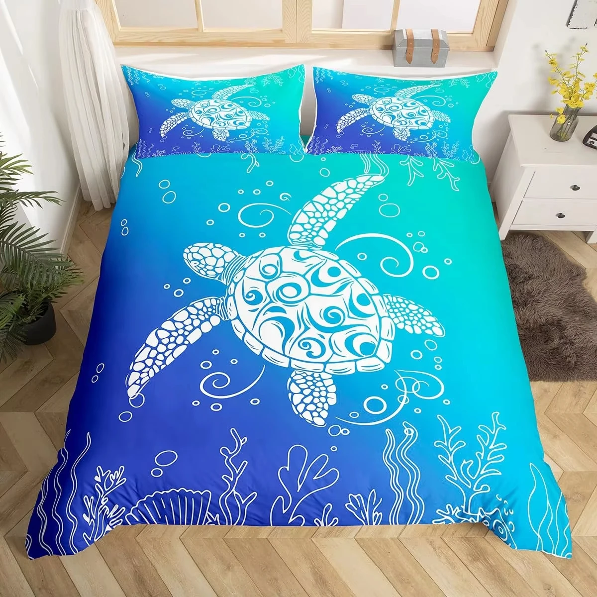 Sea Turtle Bedding Set Full Ombre Art Comforter Cover Marine Themed Duvet Cover Underwater Animal Ocean Creature Quilt Cover