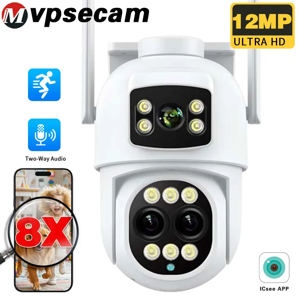 

12MP PTZ WiFi Camera Outdoor Three Screens 8X Zoom Outdoor Security Protection CCTV Surveillance IP Camera ICSEE