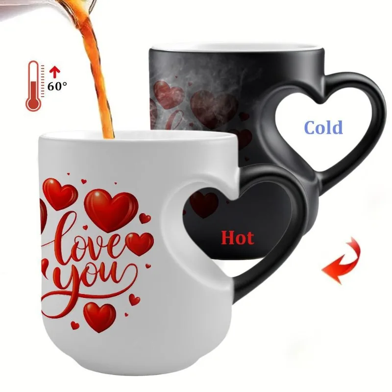 Creative Heart-shaped Color Changing Magic Ceramic Cup. An Interesting Color Changing Coffee Cup with A Surprising Handle Design