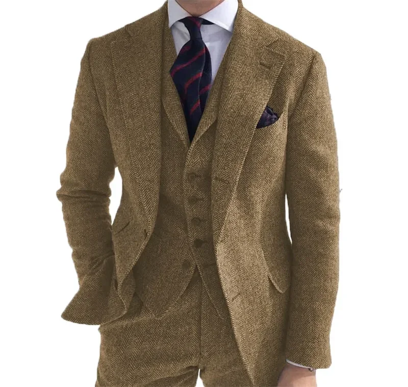 3 Piece Gray Wool Tweed Men Suits For Winter Wedding Formal Groom Tuxedo Herringbone Male Fashion Set Jacket Vest with Pants