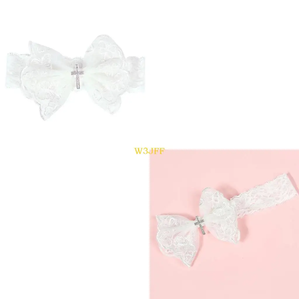 

W3JF Bowknot Headband for Baby Girl Big Bow Lace Hairband with Rhinestones Studded Elastic Headdress Child Accessories