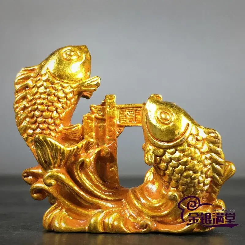 Gilt Good luck carp leaping over dragon gate double fish Ornament Decoration Tea Pet Figurines Desk Decor Accessories