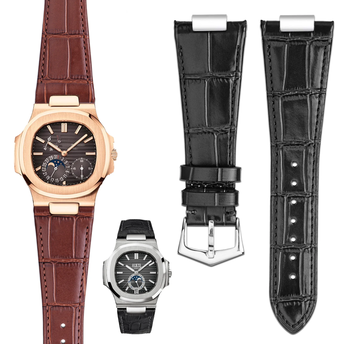 สายหนังแท้สำหรับนาฬิกา Patek Philippe Nautilus รุ่น 5711 5712 5726 5980 ลายหนังจระเข้แท้