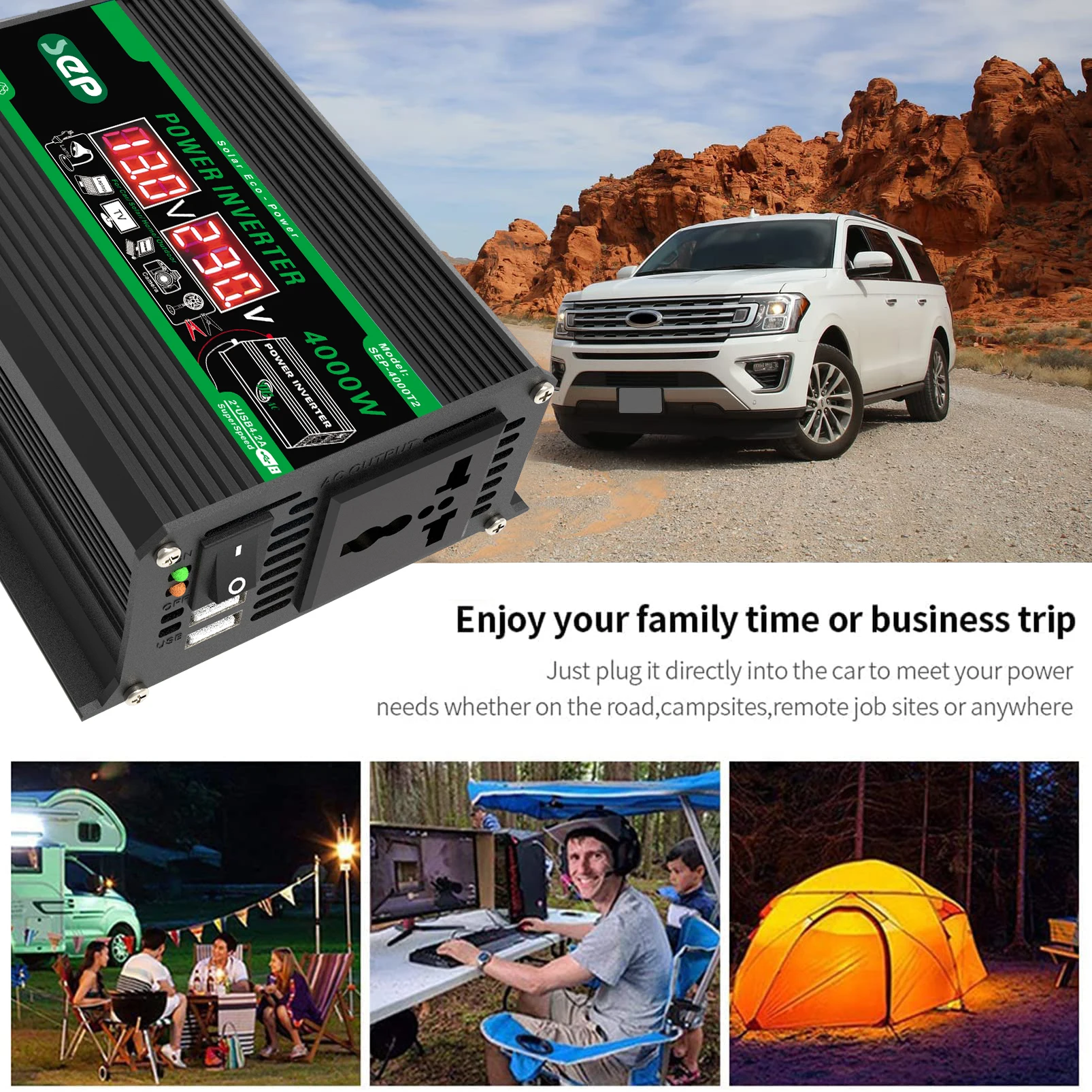 4000W Dual Digital LCD Display Solar Inverters DC 12V To AC 110V 220V Portable Power Bank Car Converter For Camping RV