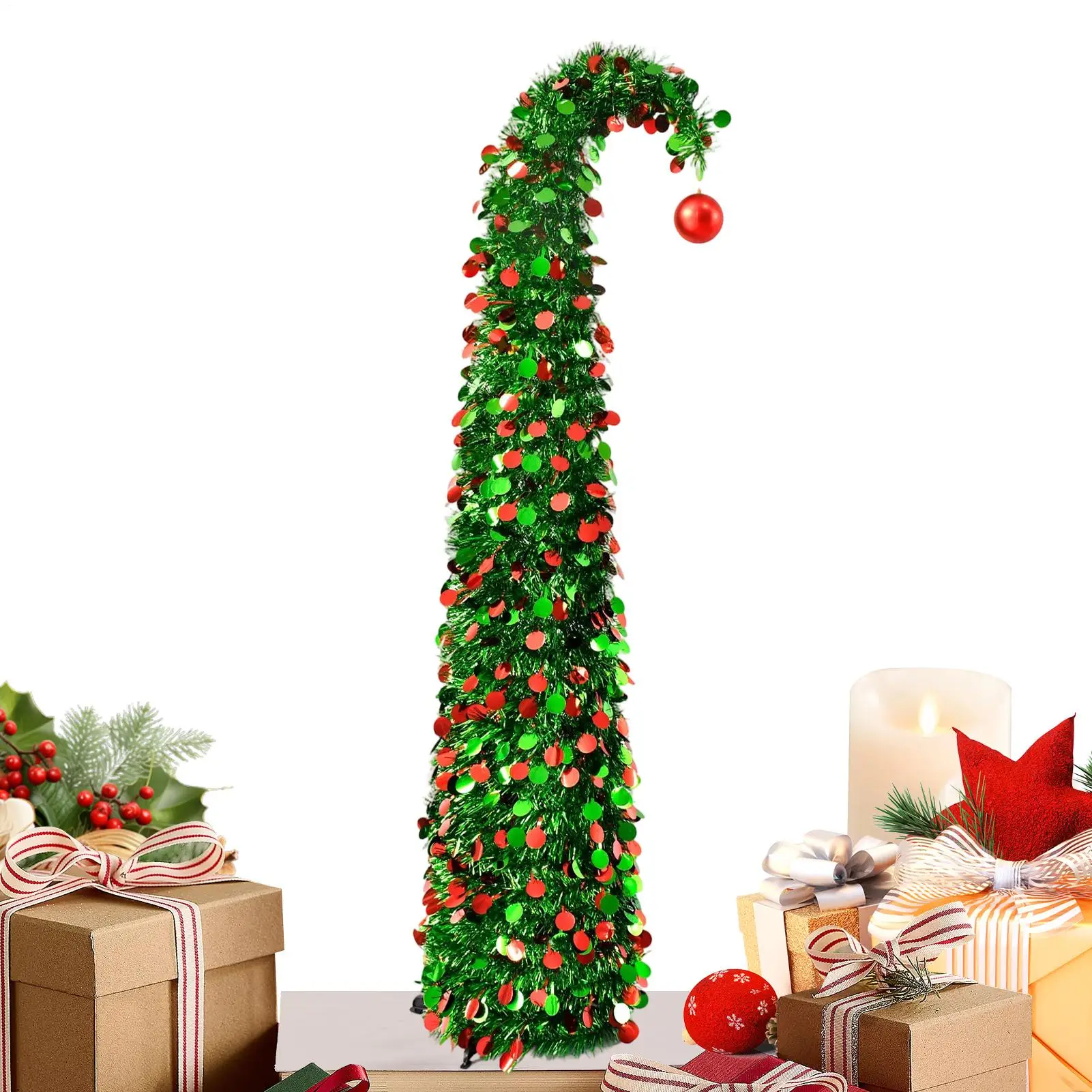 4.9 Ft Retractable Artificial Christmas Tree Foldable Yarn Thread Spiral Tree Christmas Decorations With Ball For Party Indoor