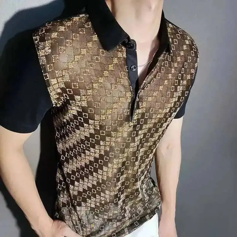 Black Gold Abstract Pattern Lace Sexy Polo See Quality Men Through Social Club Luxe Transparent Shirt Summer Short Sleeve Polo