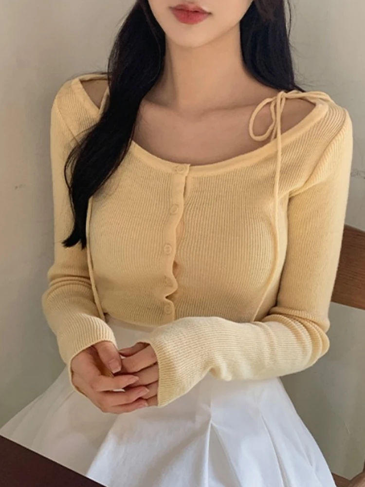 

Slim Fit Long Sve Knitted Cardigan Women's Thin Design Chic ort Outerwear Top Buttoned Korean Sle Spring Summer Faion
