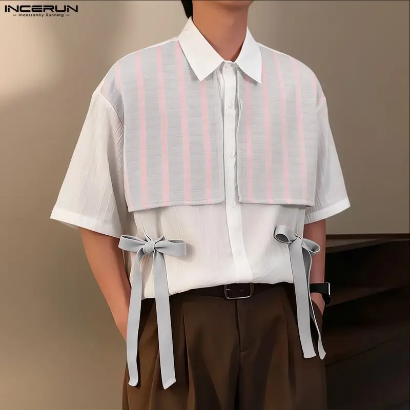INCERUN Men Shirt Patchwork Lapel Short Sleeve Button Lace Up Men Clothing Streetwear Loose Bowknot Fashion Casual Male Shirts