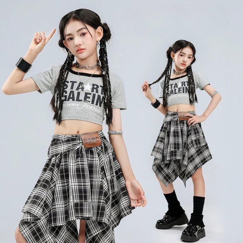 

New Jazz Stage Outfits Girls Performance Clothing Hip-Hop Dance Clothes Group Grey Crop Tops Skirt Street Dance Competition Wear