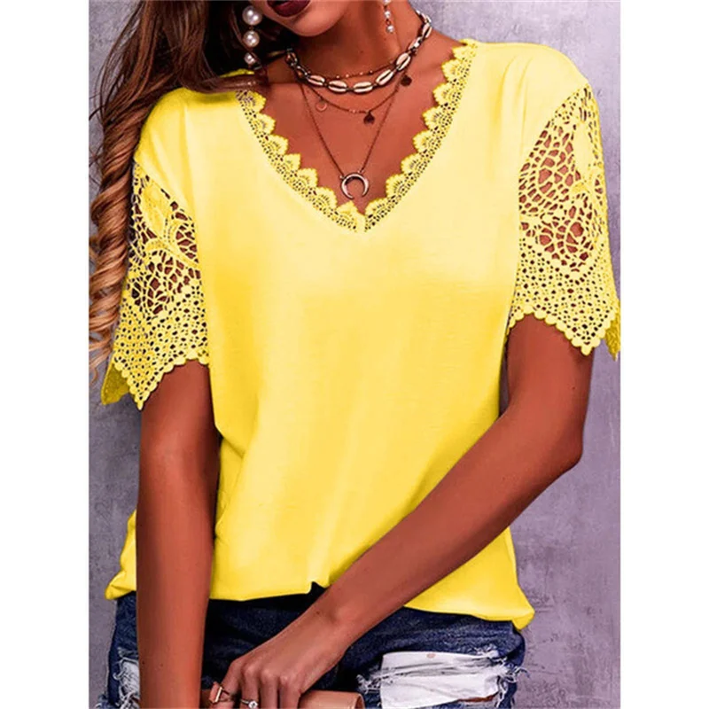 2025 New Lace Stitching Petal Sleeve V-Neck Short-Sleeved T-Shirt Women's Fashion Casual Loose Solid Color Vintage Blouse Tops