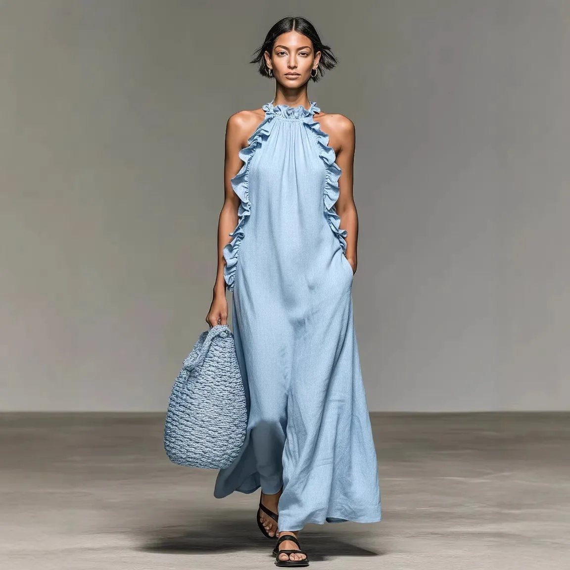 Damen Rüschenbesatz Neckholder Langes Kleid Mode Neues Ärmelloses Loses Kleid mit Taschen Einfarbiges Lässiges Sommer Strand Urlaub Sommerkleid