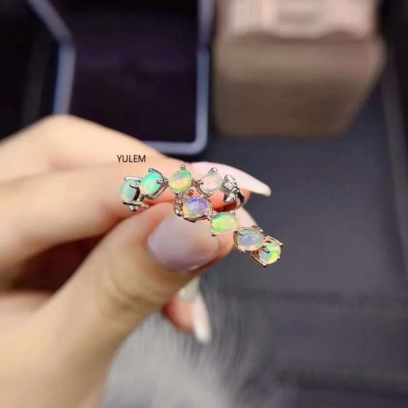 YULEM New Natural Opal Ring 925 Silver Lady's Ring Color Opal Luxury Elegant Wedding Engagement Gift Tree Leaf Design