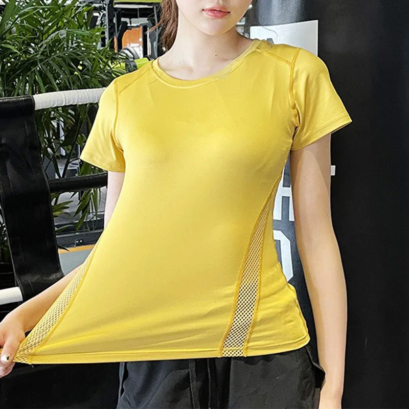 PofyBofy Quick Dry Breathable Mesh Splicing Slim Fit Reflective Strip Back Elastic Women Short Sleeve Sport T-shirt Yoga Gym Top