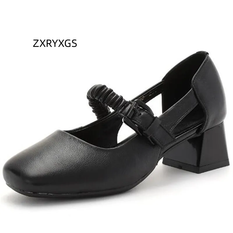 

ZXRYXGS 2023 New Top Layer Cowhide Round Toe Hollow Sandals for Women Thick Heeled Shoes Large Size Shallow Mouth Mid Heel Shoe