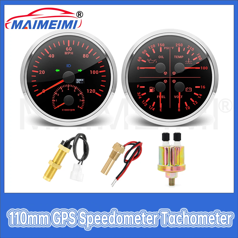 110 مللي متر نظام تحديد المواقع عداد السرعة مقياس سرعة الدوران 120MPH 8000 دورة في الدقيقة بدوره إشارة 4 في 1 مؤشر رقمي متعدد الوظائف مقياس السيارة مع الاستشعار
