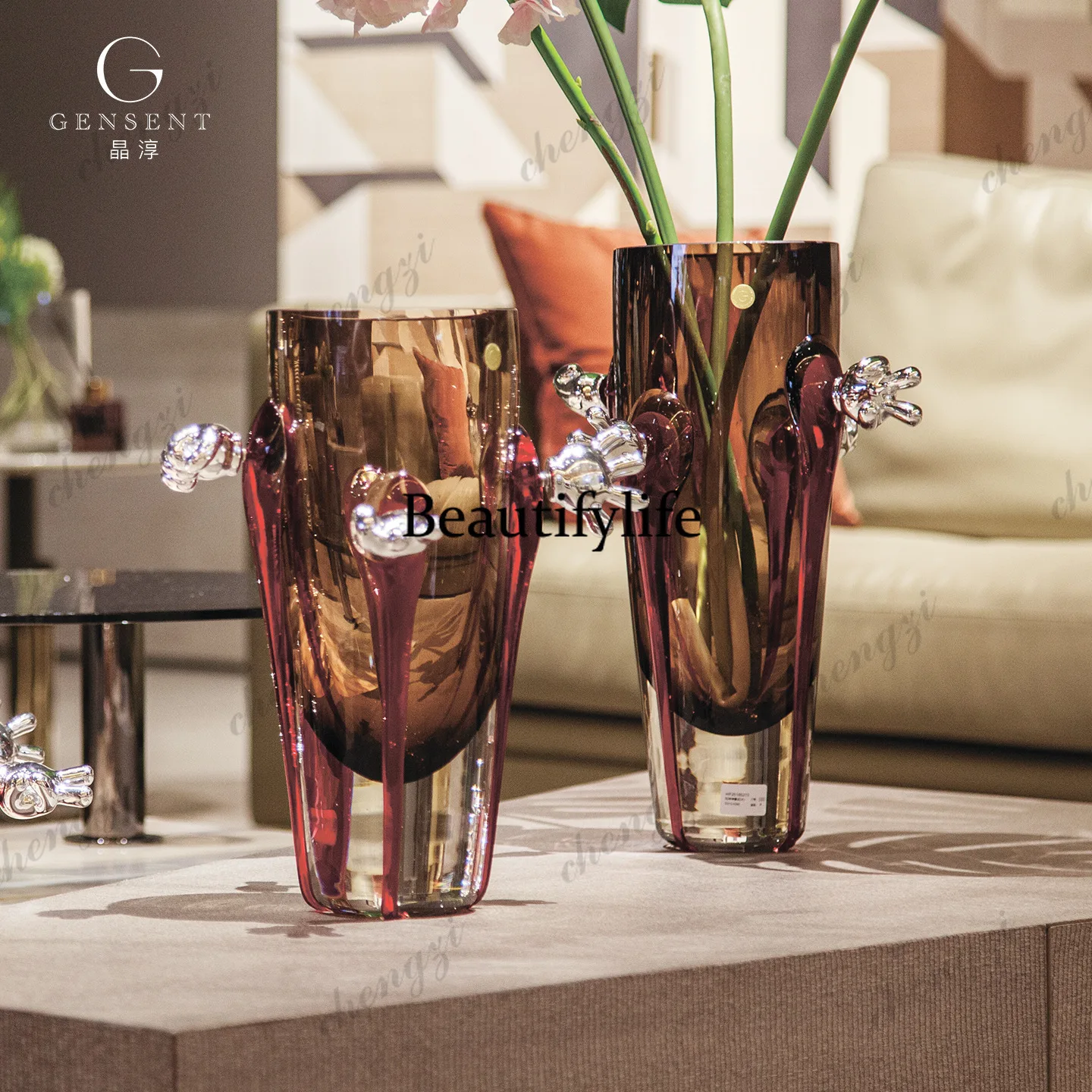 Modern light luxury neoclassical large glazed advanced flower arrangement hydroponic model room hotel entrance living room
