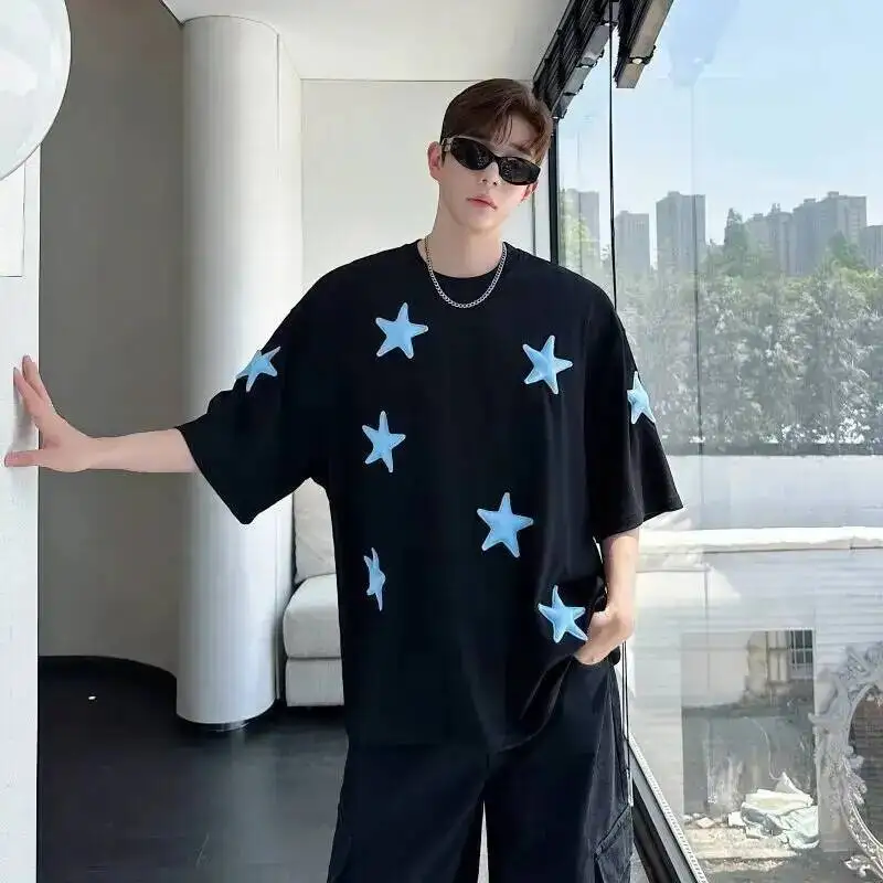 Black White Three Dimensional Star Men's Short Sleeve T-shirt Summer Fashion New Round Collar Pullover Tops QZWO