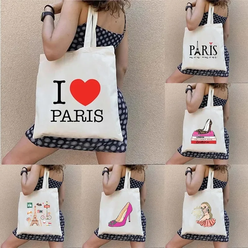 Retro Eiffel Tower Paris France Women\'s Fashion Shoulder Bag Canvas Eco Large Capacity Portable Shopping Bag Travel Handbag