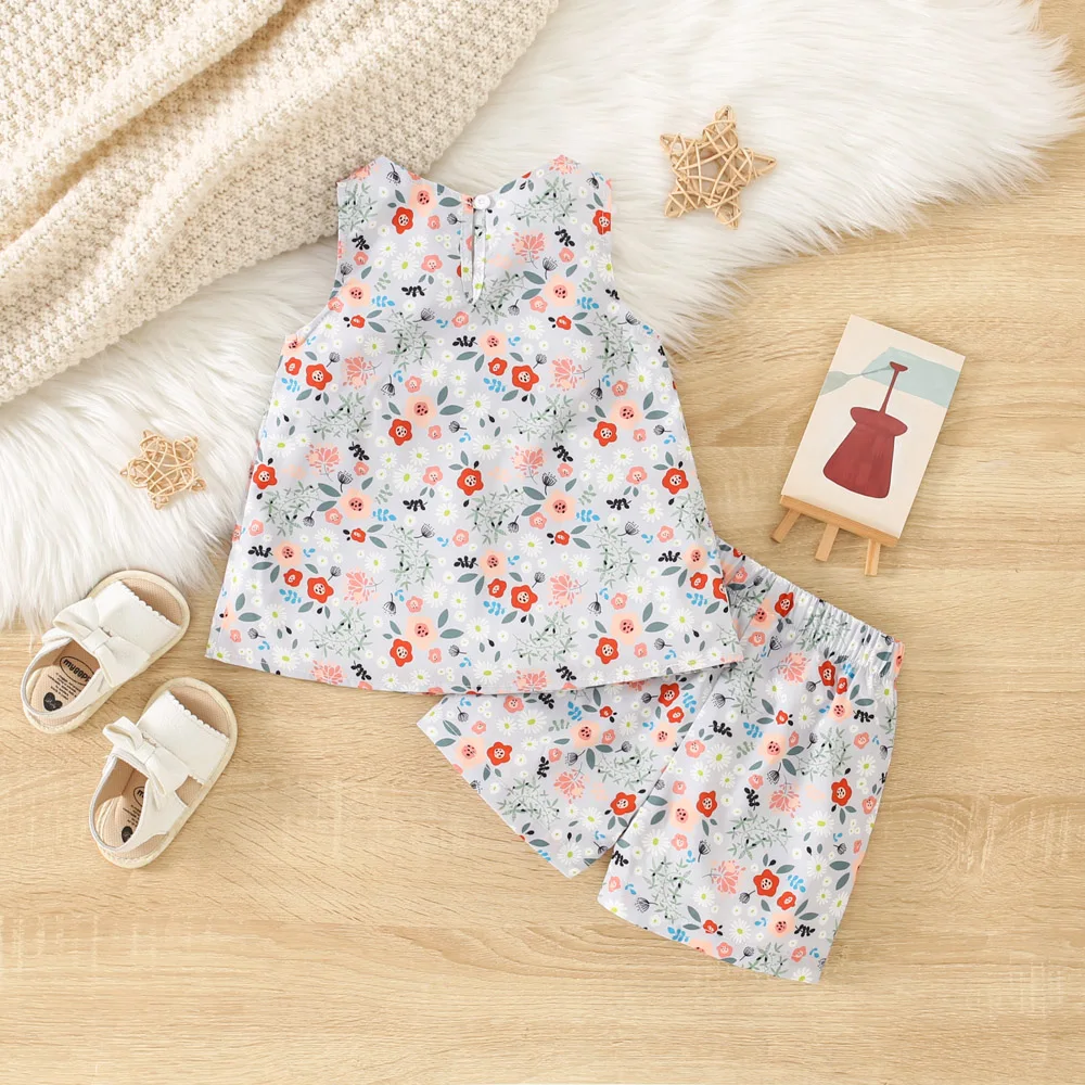 Summer New Thin Girls\' Set Baby Girl Bow Floral Print Suspender Shorts Beach Casual Cute Set 2 Pcs