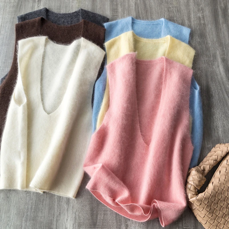 

Women Fleece Wool Sweater Vest,Autumn Winter V-neck 3.5%Cashmere 96.5%Wool, Knitted Pullover Tops