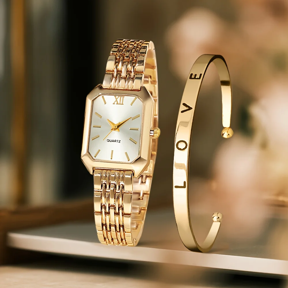 Ladies' exquisite and elegant square dial quartz watch+bracelet set (2 pieces/set) as a gift for mom