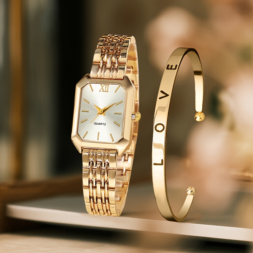  Exquisites und elegantes Damen-Quarzuhren-Set mit quadratischem Zifferblatt und passendem Armband (2 Teile/Set) als Geschenk für die Mutter. 
