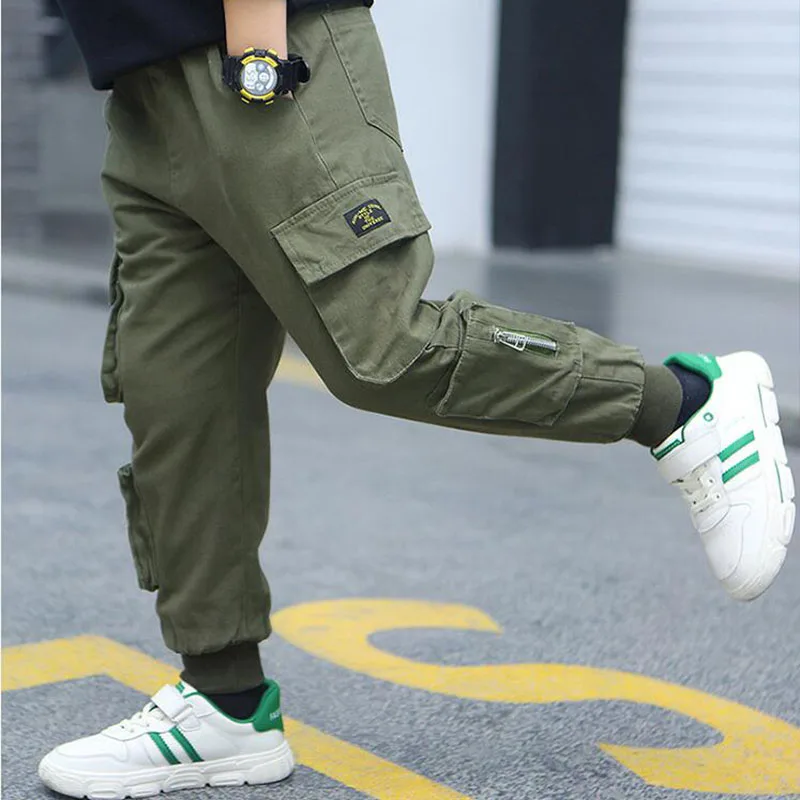 Spring Autumn Boys Kids Cotton Fashion Handsome Pocket Pants Elastic Waist Trousers Teenage Outdoor Casual Sport Pant3-12 Years