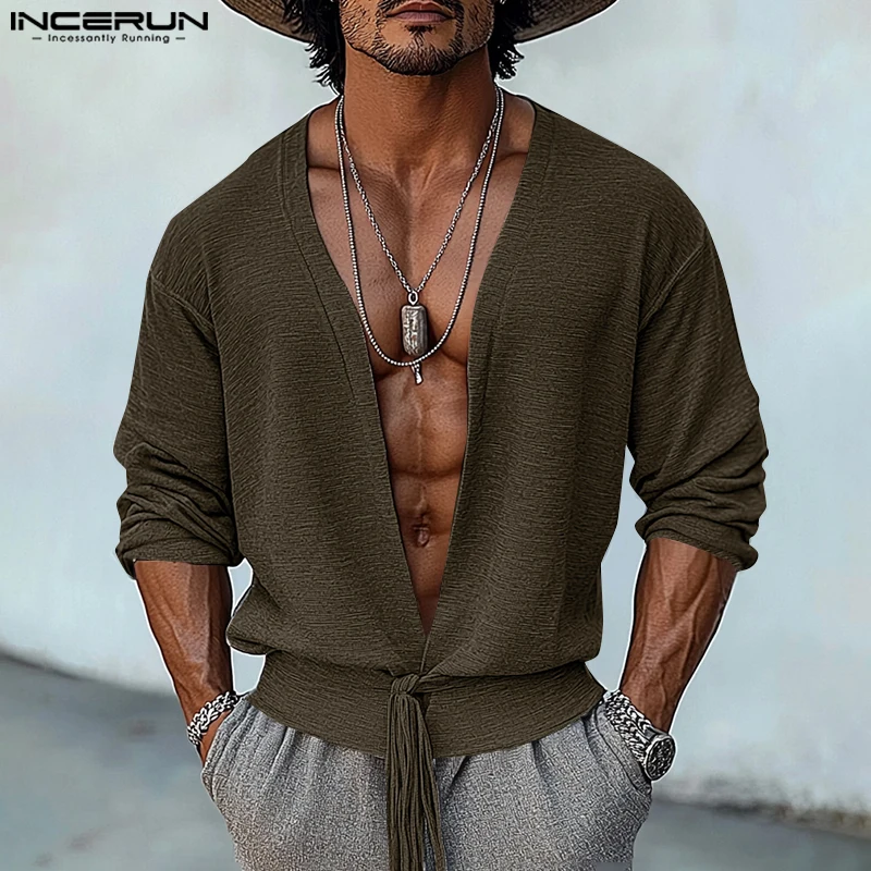 Men Well Fitting Tops INCERUN Casual Long Sleeve Tip Up Solid Color T-shirt 2024 Deep V-neck Sexy Male Elegant Strap design Tees