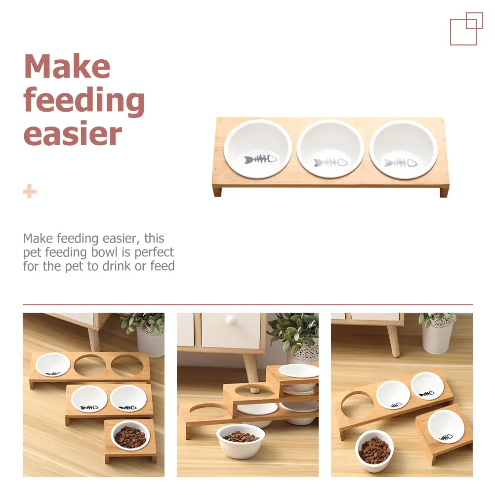 

1 set 1 Set Of Ceramic Bamboo Stand Elevated Cat Dog Bite Resistant Pet Food Water Indoor Household Kitten Puppy Bowl Easy Clean