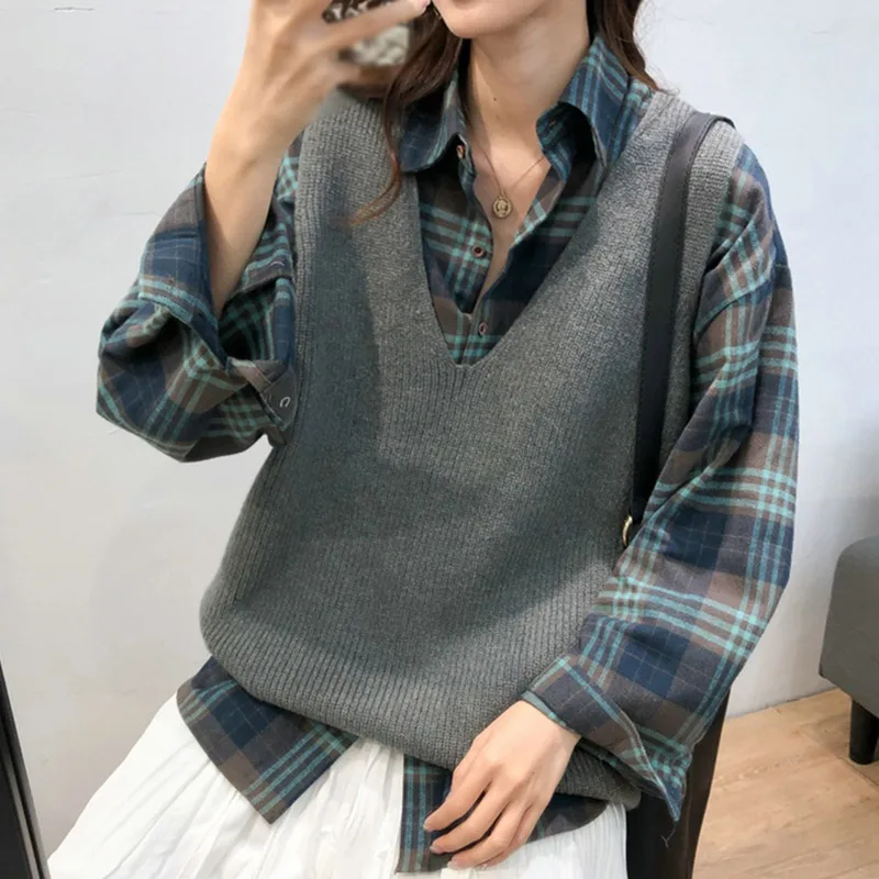 Women\'s Sweater Vest Sleeveless Knitting V-neck Loose Casual Office Ladies Autumn Female Sweater Vest