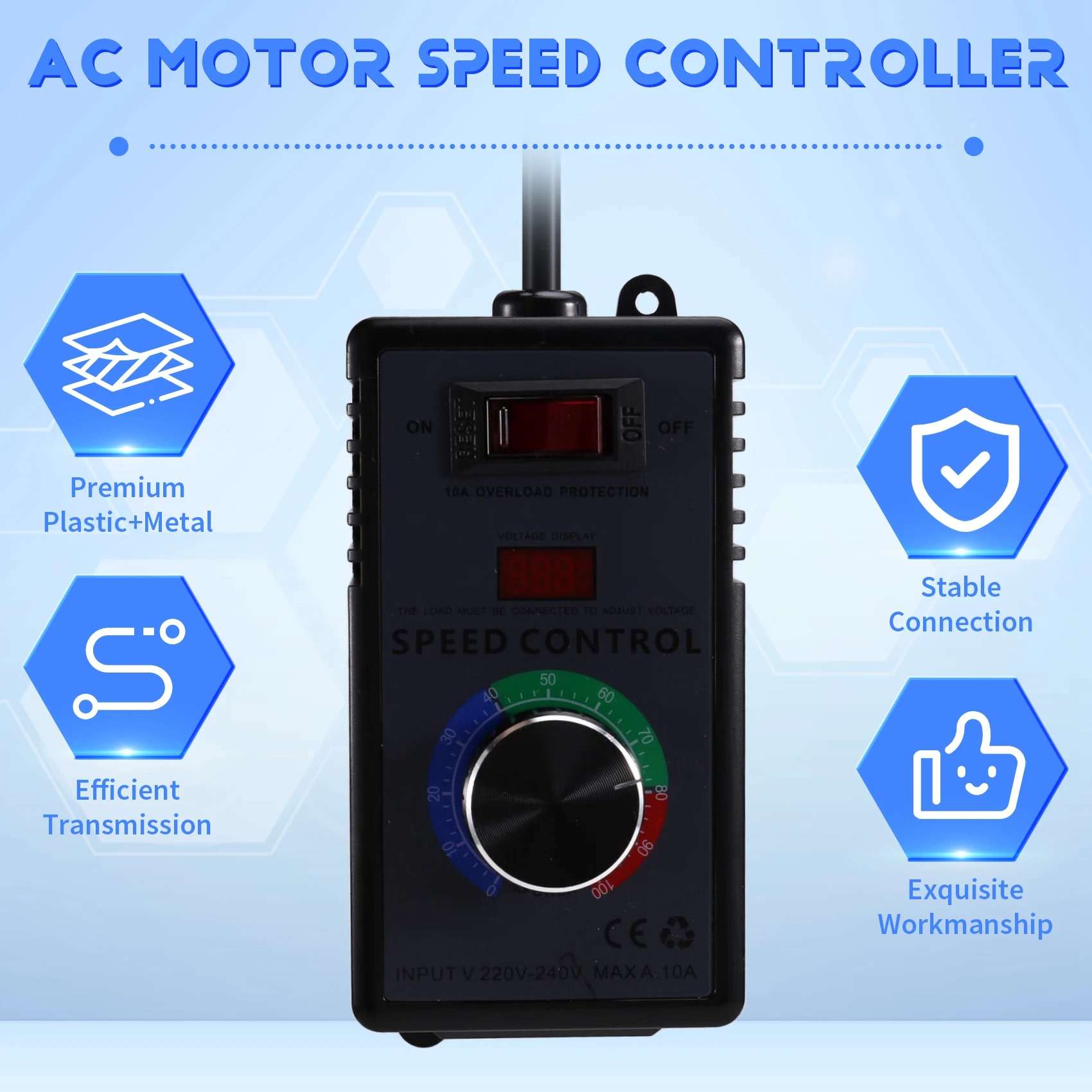 AED7-AC Motor Speed Controller 10A 0-220VAC Output AC220-240V Variable Fan Speed Regulator With Overload Protection AU PLUG